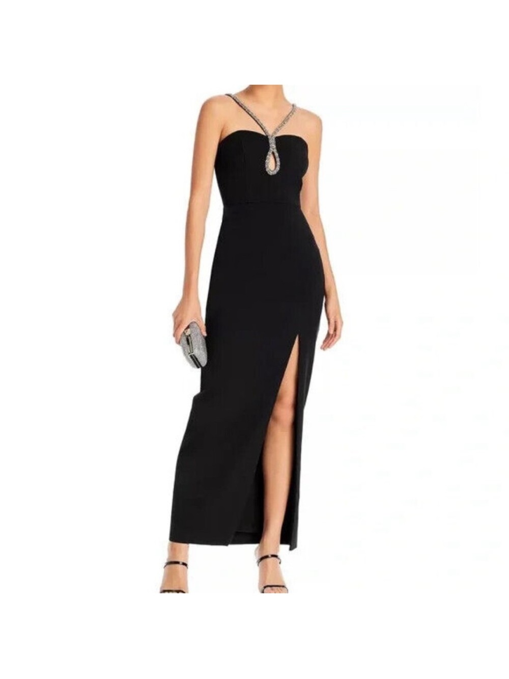 Aqua Black Strapless Evening Gown with Crystal-Trim Keyhole